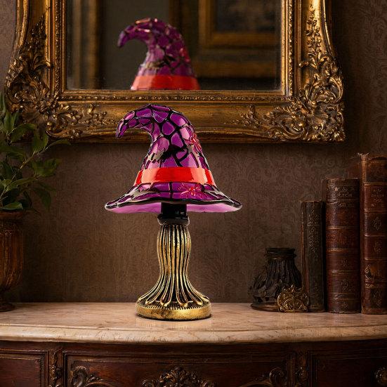 Halloween Witch Hat Table Lamp, USB Stained Glass Witch Hat Lamp, Vintage Gothic Wizard Hat Decorative Night Light for Home, Bedroom