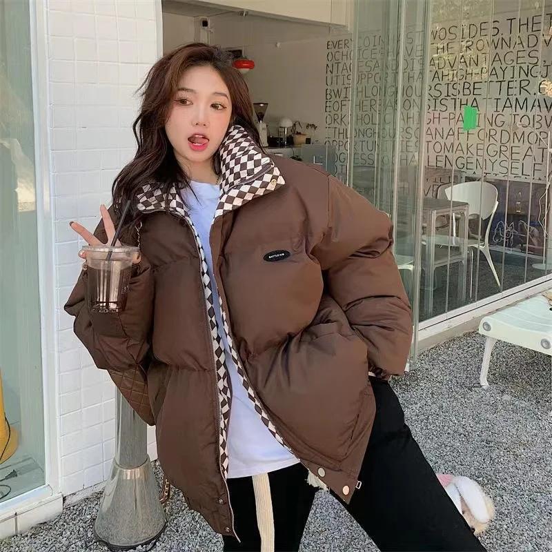 Winter Checkered Down Cotton Jacket Women Zipper Loose Padded Coat Solid Thickening Warm Puffer Parkas Jackets Short Style Forest Style Bread Jacket