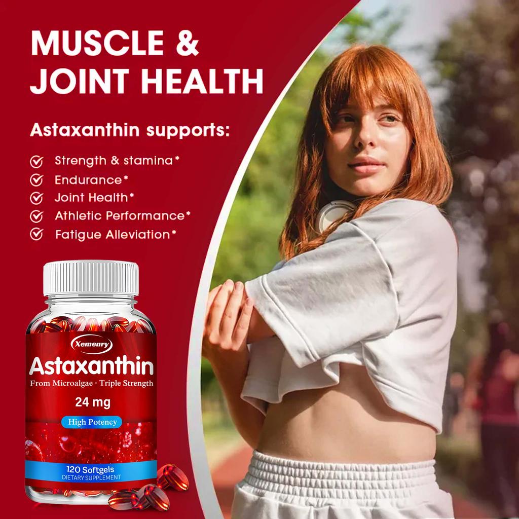Each serving contains 24 mg of astaxanthin, an antioxidant supplement suitable for skin, eyes, joints, and immune support.