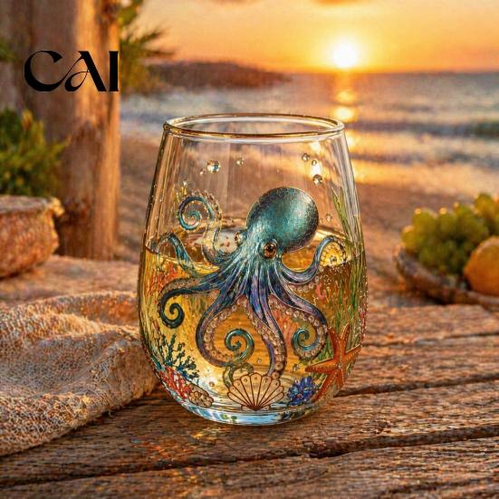 Birthday Souvenir for Ocean Lovers Ocean-Themed Glass Cup, Jellyfish/Dolphins/Sea Turtles/Octopus Hand-Painted, Thickened Drinking Creative Jellyfish