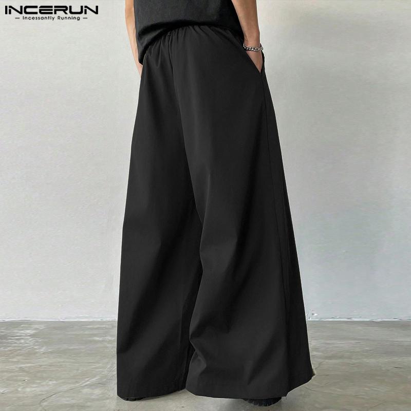 INCERUN Мужские брюки на молнии, эластичные, с высокой талией, повседневные длинные брюки с широкими штанинами