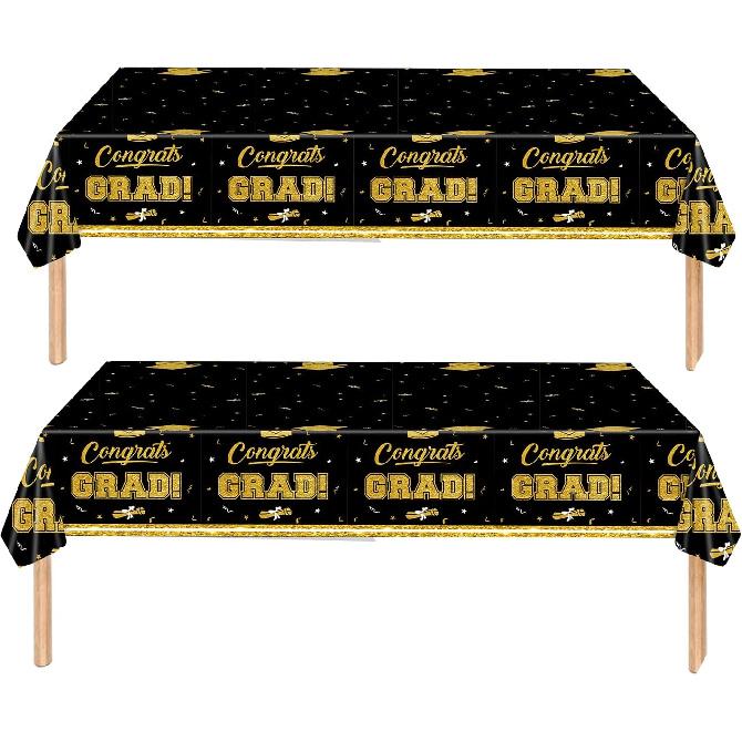 2025 Graduation Party Decorations - Black and Gold Tablecloth Plastic Disposable Table Cloth for Class of 2025 Party Favors Supplies, 2 Pack