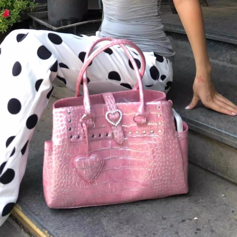 Light Luxury Crocodile-print Handbag For  Girls Pink Heart Pattern Shoulder Bag Trendy High-grade Large Capacity Commuter Bag