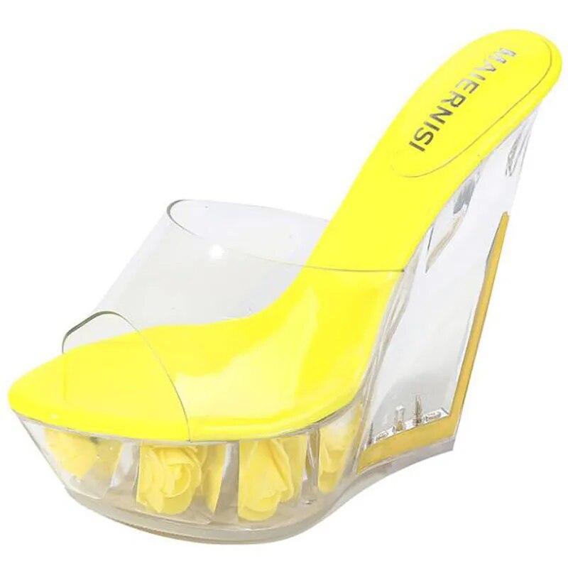 Sexy Ultra-high Heel Cool Slippers High Transparent Slope Crystal Waterproof Platform Sexy Open-toed Sandals WZ