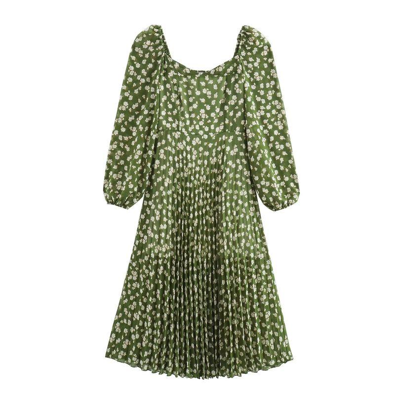 Kaslead New Arrival Women's Clothing Fashion Style Fashion Minimalist Square Collar Floral Long-Sleeved Pleated Dress