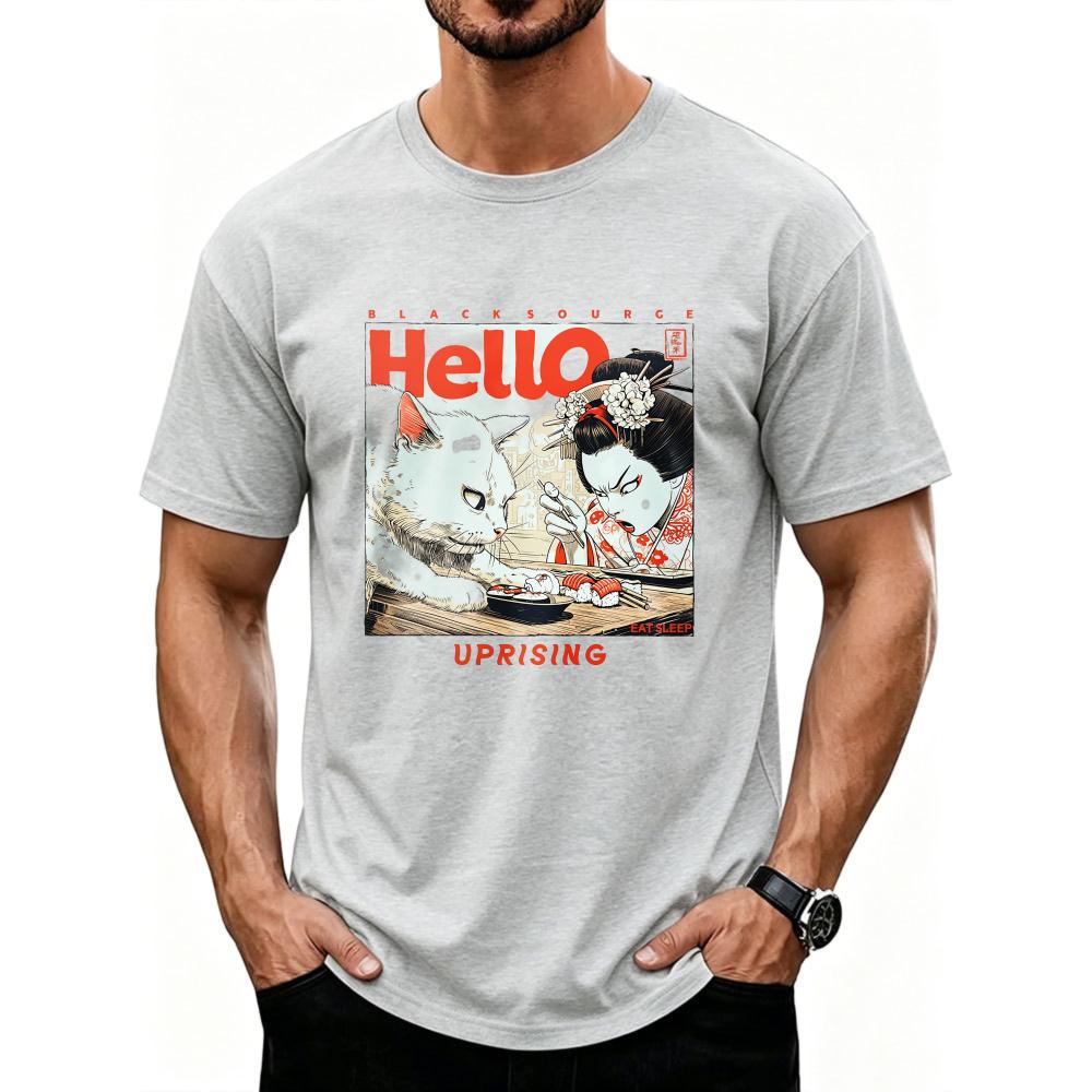 Japanese Ukiyoe Geisha and White Cat Eating Sushi Graphic Cotton T Shirt Hello Uprising Vintage for Unisex Women Daily Casual Tops