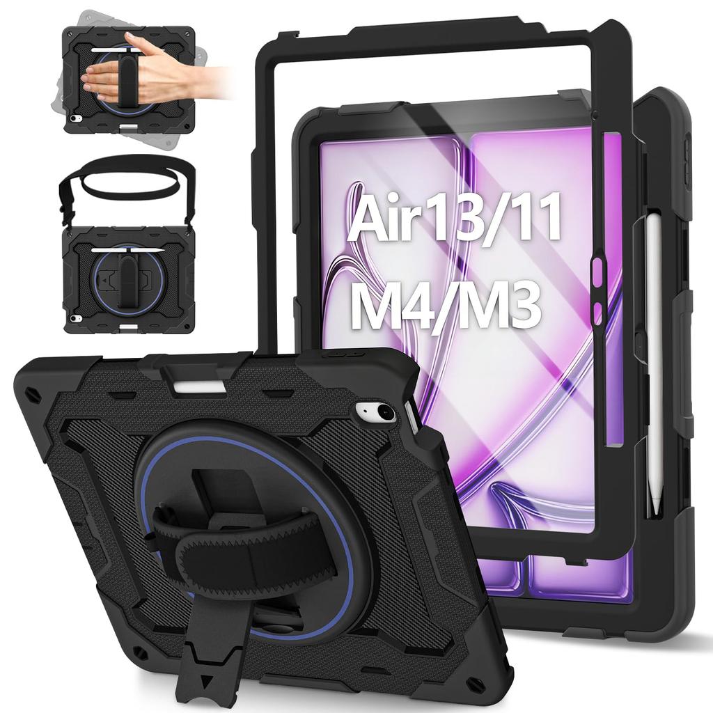 Чехол для iPad Air 13 11 4G 5G, усиленный, с поворотной подставкой, противоударный, с ремешком для руки/плеча, черный