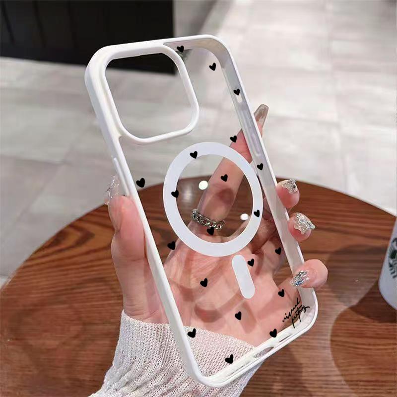 Для беспроводной зарядки Магнитный чехол для телефона для iPhone 17 13 12 14 15 16 Pro Max 11 16E 16 Plus 17 Air С черным чехлом в форме сердца