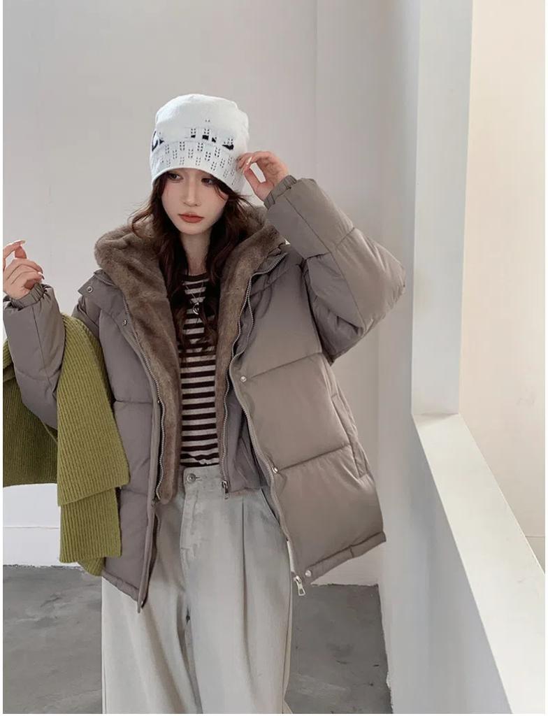 Fake Two-piece Stitching Puffer Jacket Women's Loose Thickened Warm Cotton-padded Coat With Fur Lining