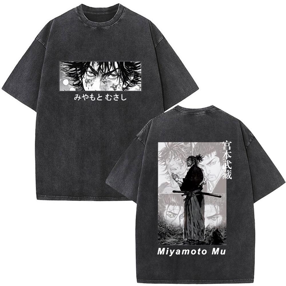 Vintage Washed Anime Vagabond Miyamoto Musashi T-shirts Men Women Clothing Casual Oversized Short Sleeve T Shirts Streetwear