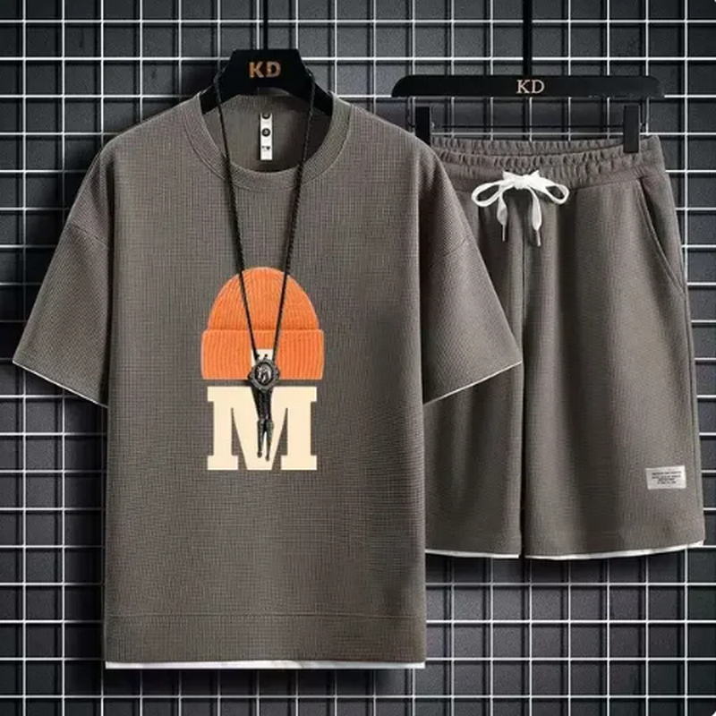 Молодежный модный спортивный костюм для пары, летний новый корейский стиль, вафельная футболка, шорты, комплект из двух предметов, мужской ретро-топ с круглым вырезом