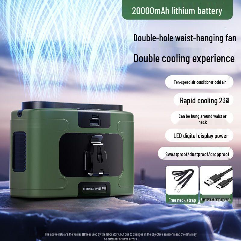 Portable Double Capacity Waist Fan for Outdoor and Camping - High Wind Power USB Rechargeable