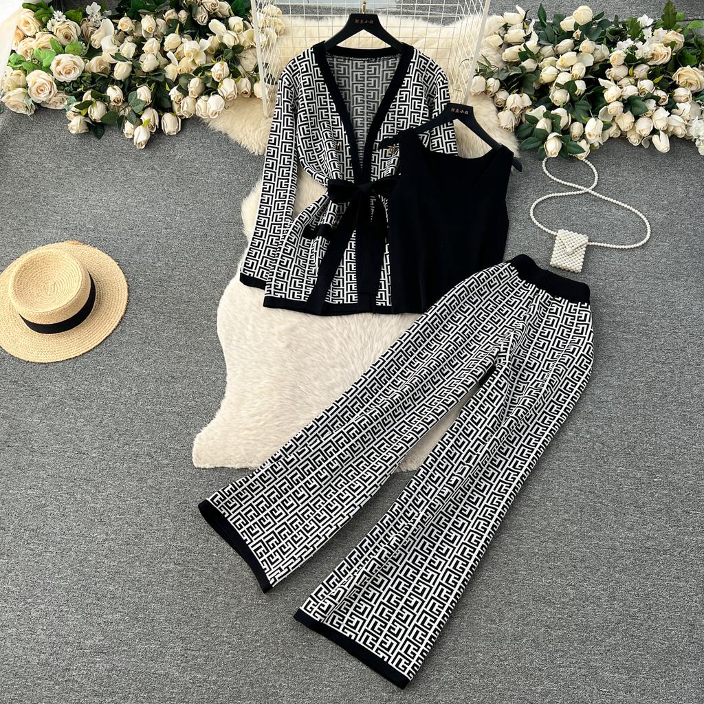 Осень Зима Винтаж Бренд Дизайнерский Принт Вязаный Свитер Брюки Комплект Из 3 Частей Женский Спортивный Костюм Кардиганы С Длинными Рукавами Жилет До щиколотки Брюки Наряды