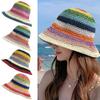 Rainbow Color Knit Cap Straw Bucket Hat Foldable Dome Hat  Women