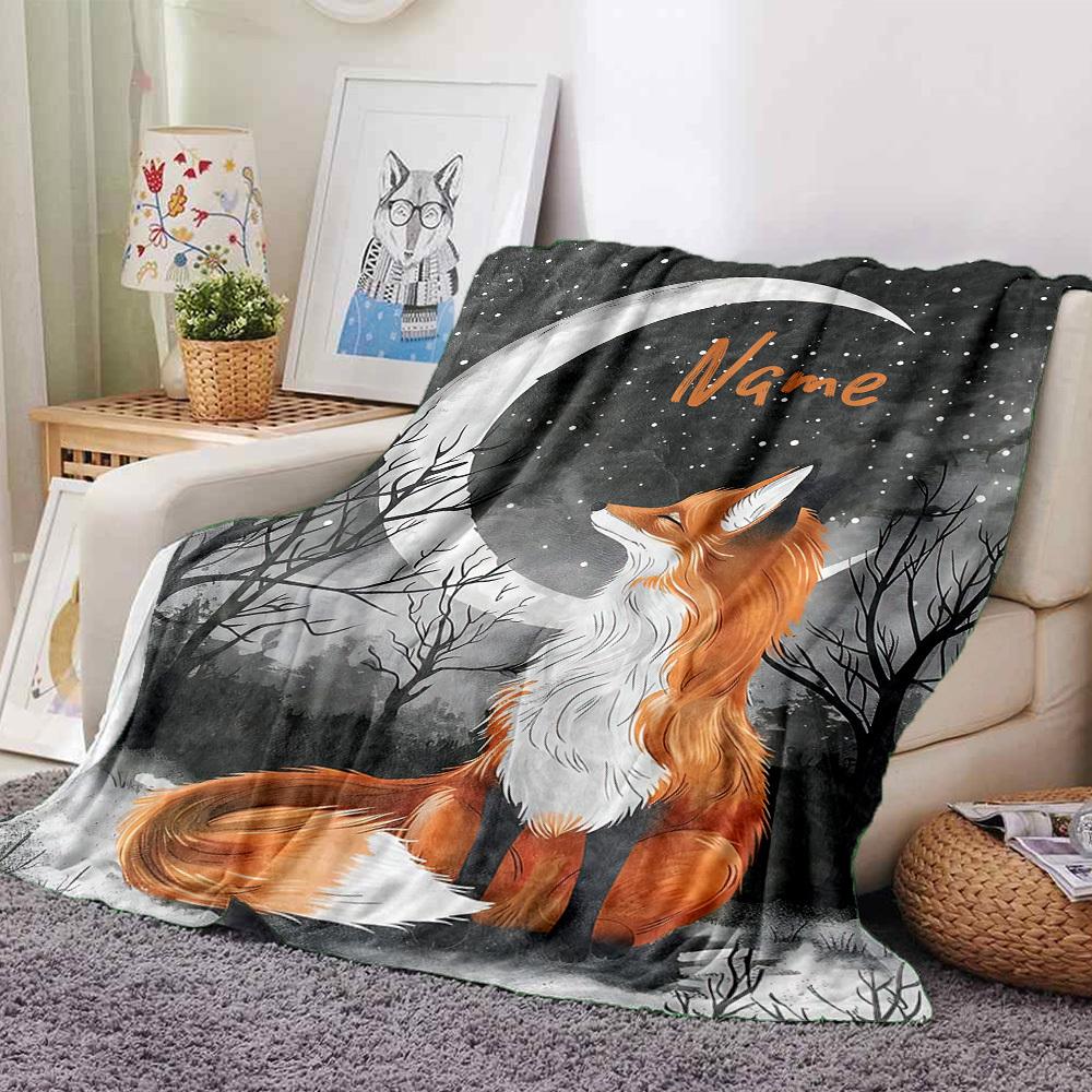 A Fox Gazing At The Moon In A Winter Forest Multipurpose Blanket Customize Text Comfortable Texture Great For Sofa Couch Office Bed Picnics For All