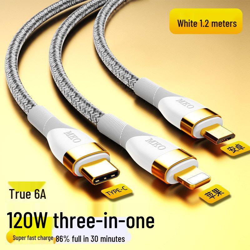 66W 3-in-1 Data Cable: Fast Charging 120W 6A for Apple, Huawei, and More