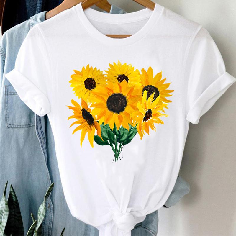 Цветок Подсолнуха Акварель Симпатичные 90-х годов Женская летняя модная футболка с коротким рукавом с принтом Футболка Леди Женская одежда Повседневная футболка с рисунком