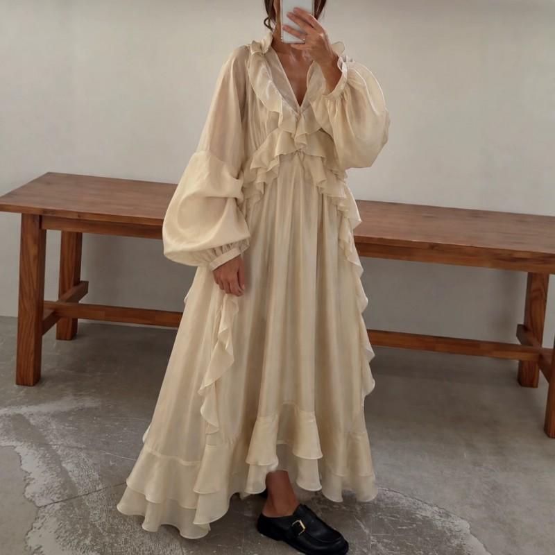 Womens 2026 Loose Fit V-Neck Lantern Sleeve Maxi Dress With Ruffle Hem - Solid Color Casual Style