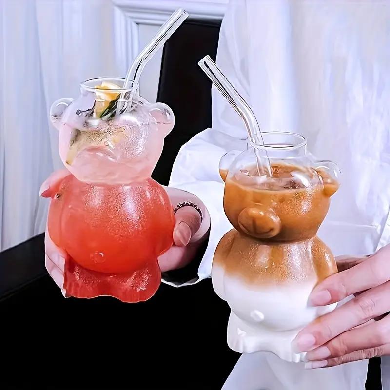 4 шт. Стаканы с трубочкой Мультяшный мишка Кофейные кружки Прозрачный стеклянный стаканчик-мишка Подарки на день рождения Рождество для женщин Детей Посуда для напитков