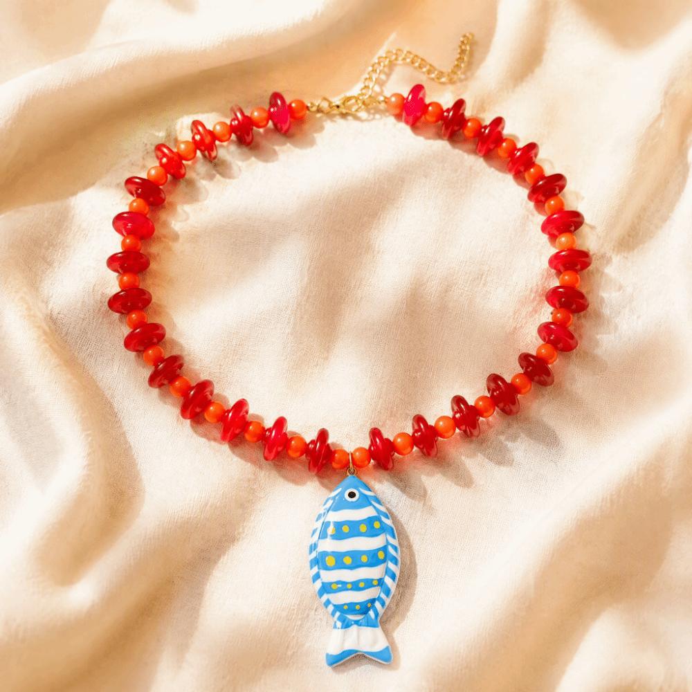 Starfish Shell Charm Fish Starfish Pendant Necklace Colorful Beads Boho Necklace Jewelry Gifts