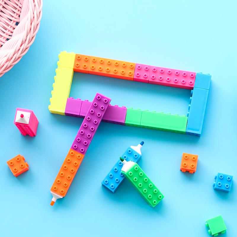 6pcs Mini Building Up Block Pen Color Highlighter Pen Writing Drawing Kid Gift Stationery Office School Supplies A6201
