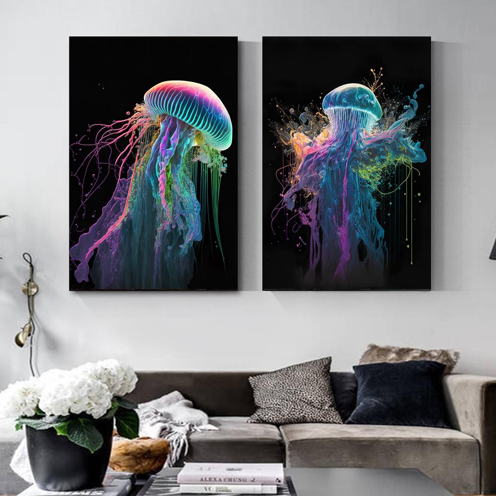 Abstract Colorful Splash Jellyfish Canvas Painting Magic Sealife Posters and Prints for Living Room Porch Wall Decor NO Frame
