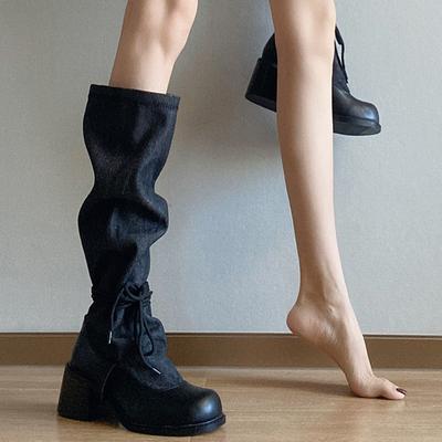 2025 новые черные ковбойские сапоги в западном стиле женские с круглым носком плиссированные сапоги на наборном каблуке с широким голенищем и тонким ремешком сапоги на толстом каблуке