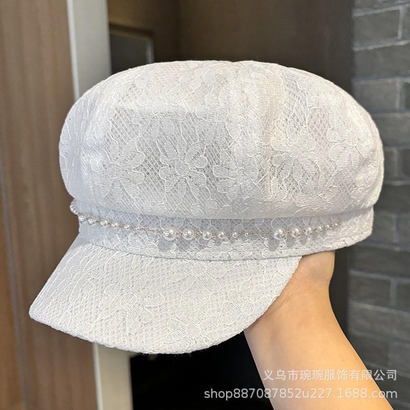 Womens Lace Mesh Octagonal Hat With Chain Or Pearl Trim Breathable Cap Face Slimming Stylish Artist