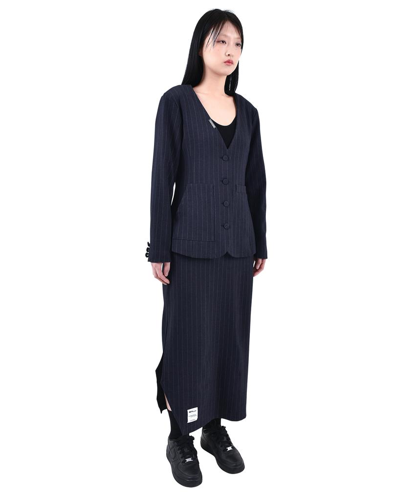 Katharsis Collarless Dress Jacket Navy Pinstripe Free