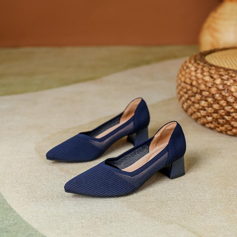 Middle Heel New Pointed Head Shallow Mouth Single Shoes Thick Heel Knitted Flying Shoes High Heel Women's Shoes