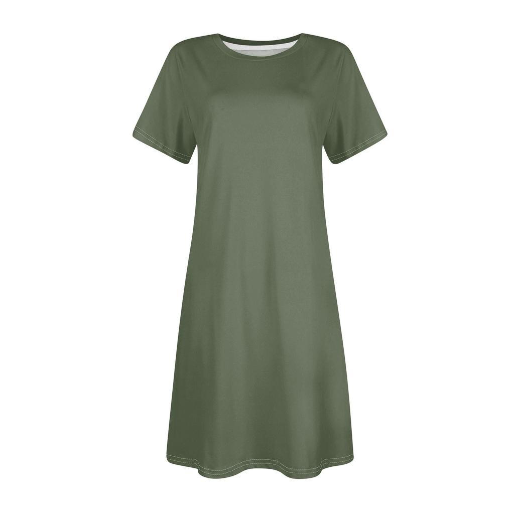 Женские повседневные платья с однотонным принтом, летние платья с коротким рукавом и круглым вырезом