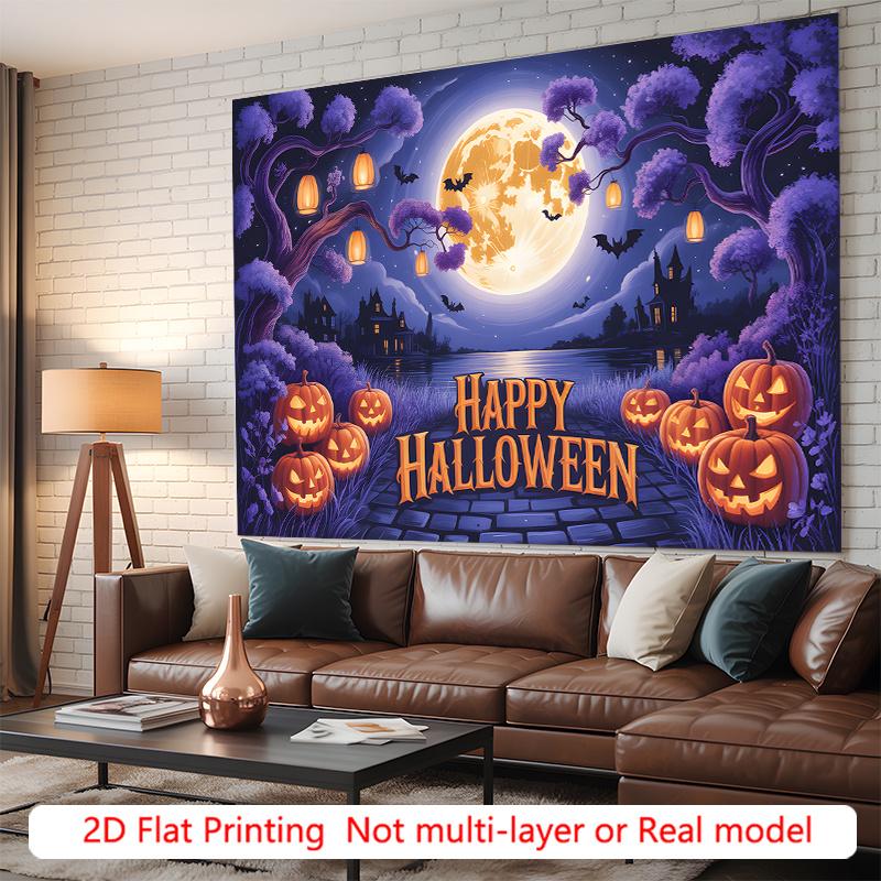 Pumpkins Full Moon Purple Halloween Theme Banner, Purple Polyester Backdrop for Wall Hanging & Photo Booth