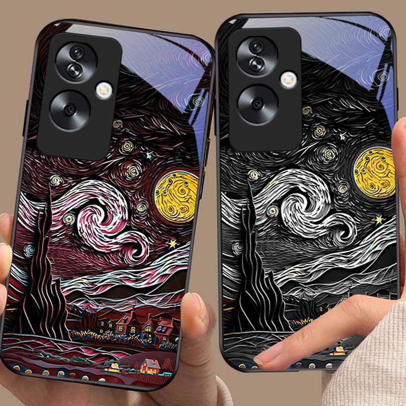 Ретро Масляная Живопись Для Oppo A79 5G 58 78 74 60 4G Reno 11F Realme GT 6 11 Note 50 10 C55 X2 Закаленное Стекло Черный Чехол для Телефона
