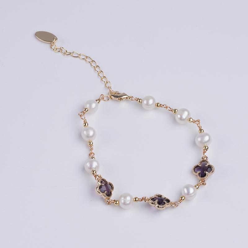 Fashion Design Four-leaf Clover 6-7mm Potato Shape Natural Real Freshwater Pearl Handmade Bracelet Jewelry