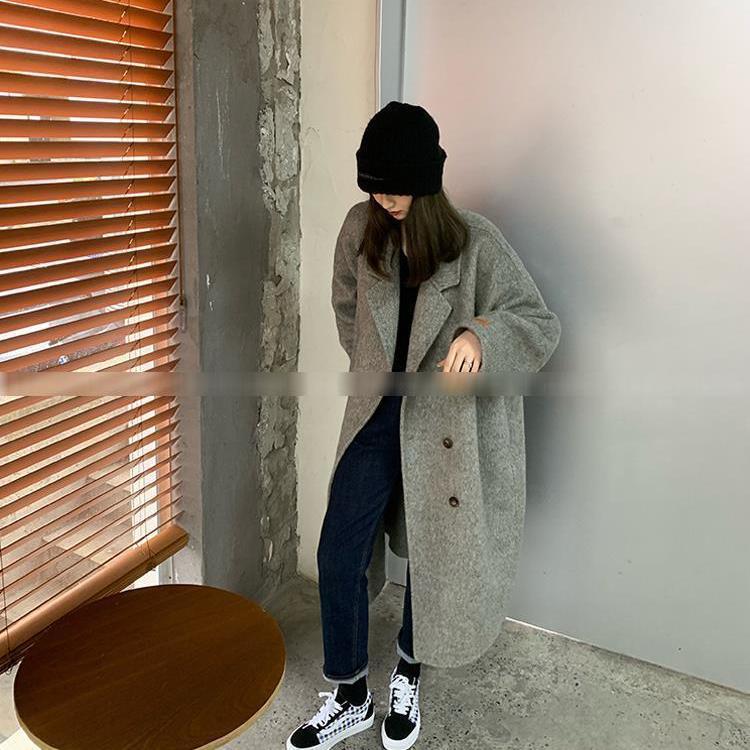 2025 Autumn/Winter Grey Mid-Length Double-Faced Wool Coat: Loose Hand-Stitched Korean Style Women's Overcoat