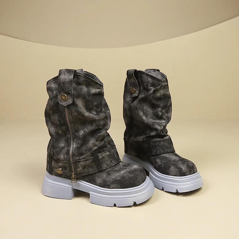 Женские ботинки челси на толстой джинсовой подошве, дизайнерская обувь до середины голени, зимняя мода, хит продаж, универсальные, новые стильные женские ботинки