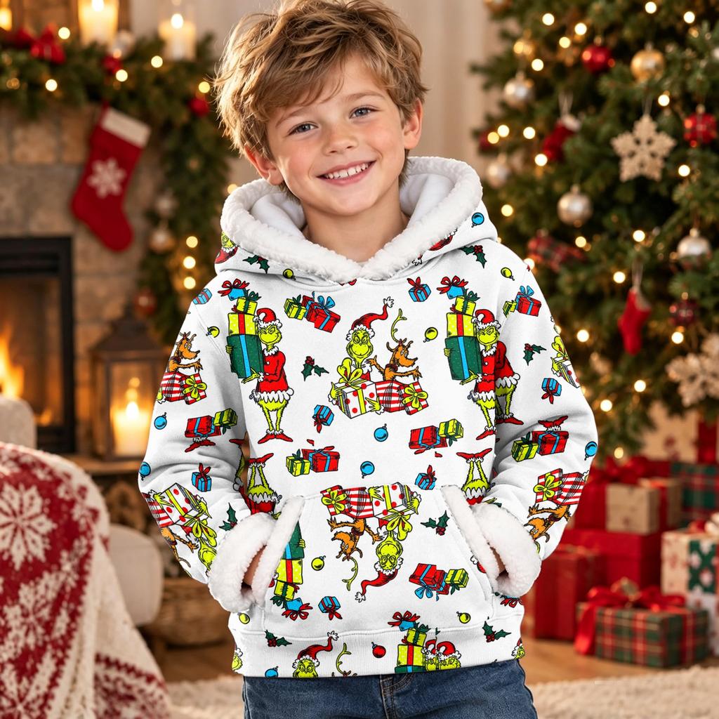 Kids Long Sleeve Christmas Print Hooded Sweatshirt Casual Pullover Top for Holiday