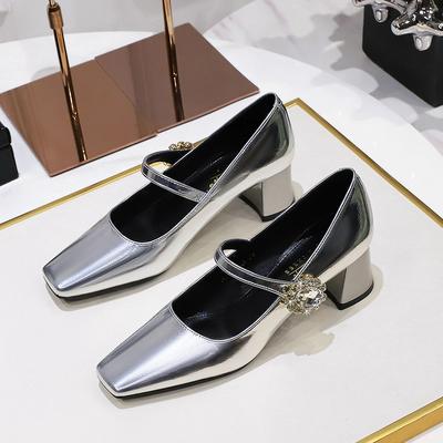 Ретро европейский и американский стиль банкетные женские туфли средний каблук толстый каблук мелкий вырез квадратный носок пряжка со стразами ремешок на одно слово одинарные туфли