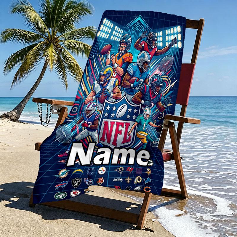 Custom Name Personalized NFL Print Beach Towel, for Trip Camping Beach Party Home Decor, Birthday Gift for Family & Friends