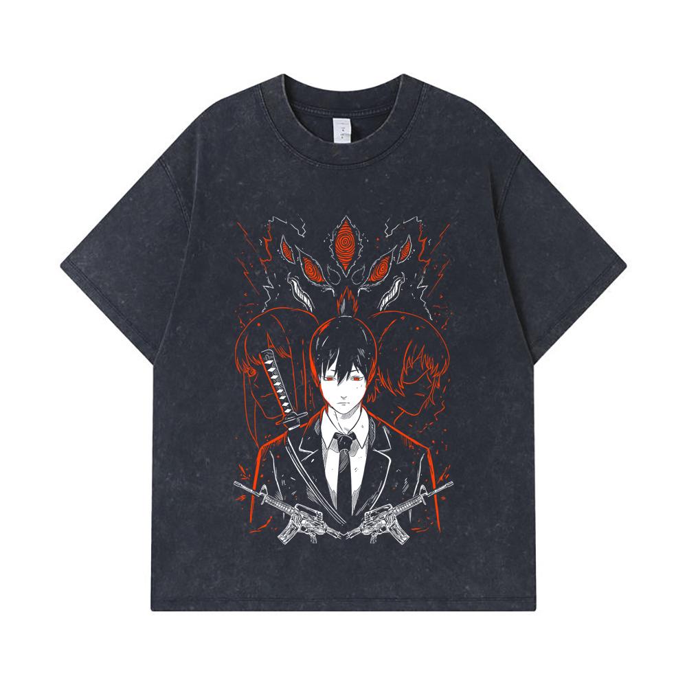 GSM Washed Tshirts  Cotton Chainsaw Man V Aki Print Unisex Heavy Cotton T Shirt