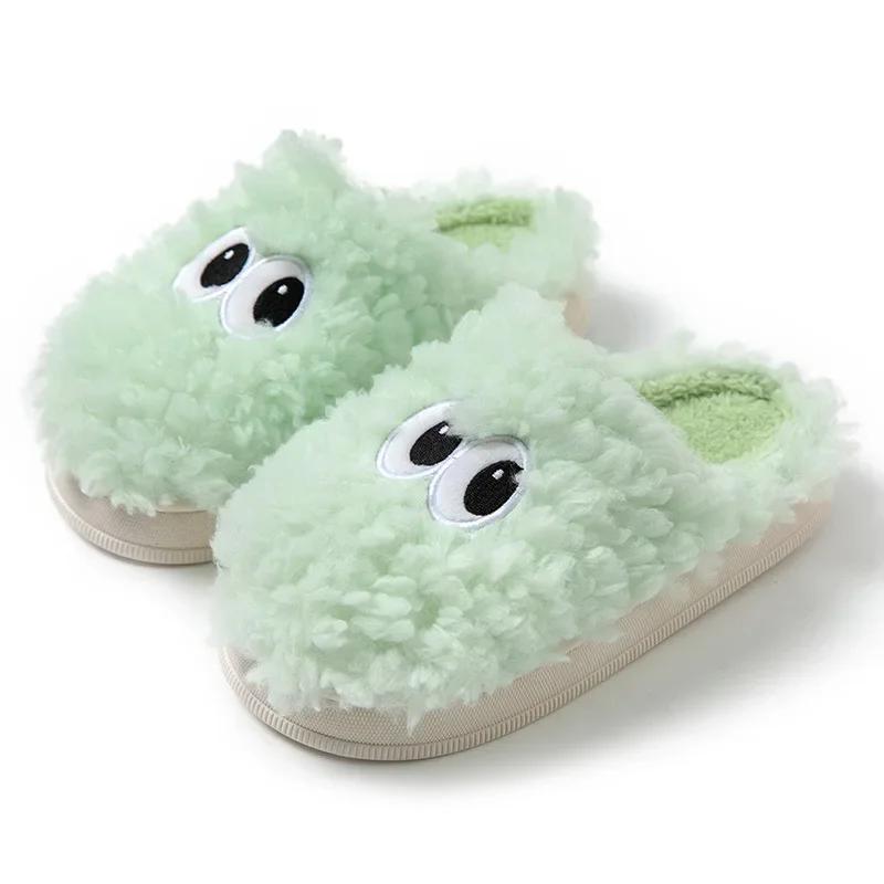 Fashion Lovely Big Eyes Monster Cartoon Slippers Winter Outdoor Faux Fur Funny Warm Plush Thick Sole Cotten Shoes(One Size Smaller)