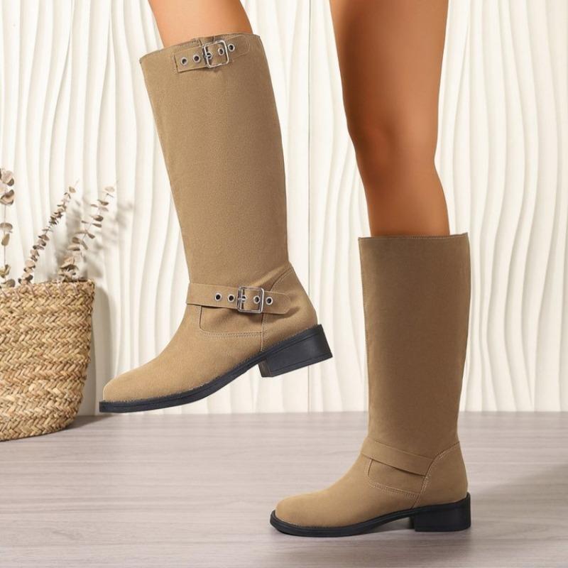 2024 Новые женские сапоги, классические женские сапоги с пряжкой на ремне, высокие сапоги до колена, повседневные сапоги с круглым носком и низким каблуком