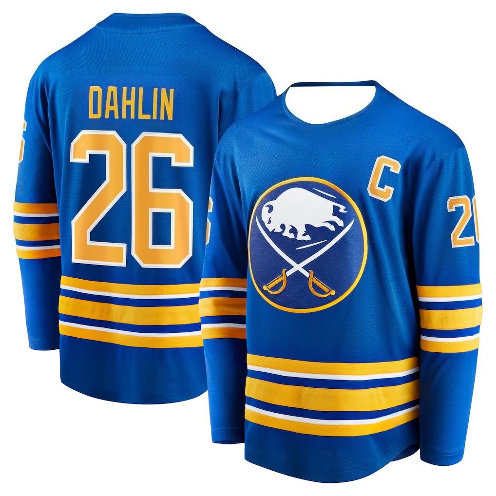 Хоккейная форма Buffalo Sabres - Синяя с желтыми/белыми акцентами "Dahlin 26" Капитанская форма с буквой "C" Футболка с длинным рукавом и V-образным вырезом Buffalo Bison 3D-принты