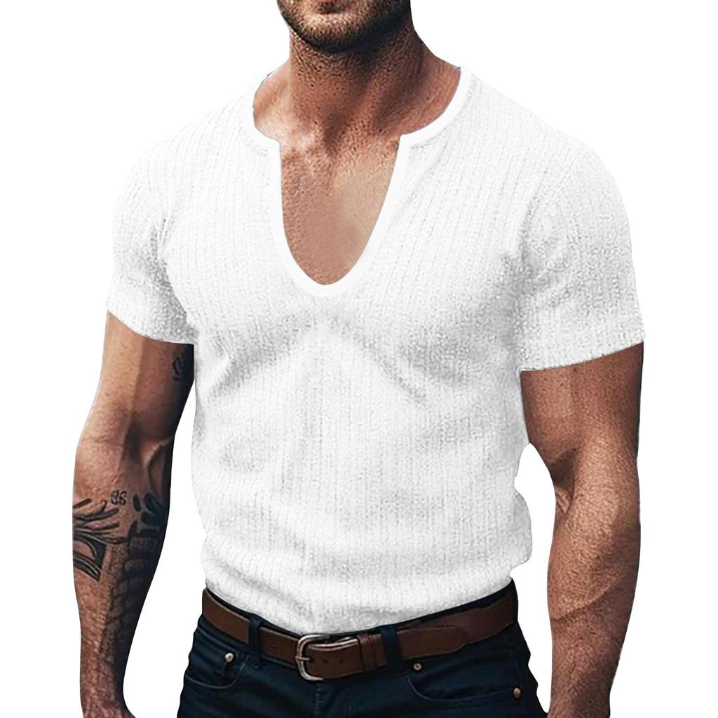 Men's Summer V-neck Striped Knitted Short-sleeved Tops Men's Casual Short-sleeved Tops