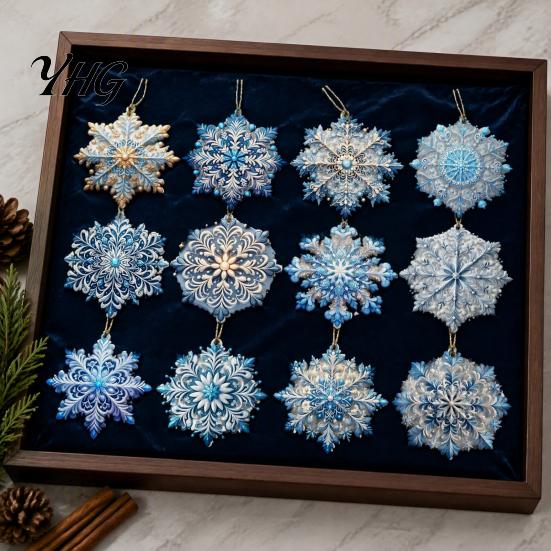 Rustic Wooden Snowflake Pendants 12 Pcs Ornaments, Blue Winter Christmas Tree Hanging Decoration, Reusable Party Favors Double Sided Holiday