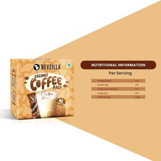 Bevzilla 48 пакетиков растворимого кофе (Кокос) - 96 грамм | Хватает на 48 чашек | Кофе Арабика | Легко носить с собой