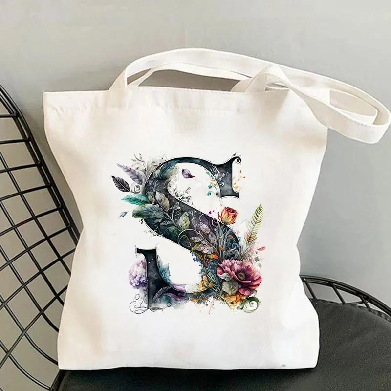 26 Черных Холщовых Сумок-Тоут с Цветами Алфавита для Женщин, Большой Вместимости, Повседневная Новая Сумка для Шопинга с Принтом, Многоразовая Эко-Сумка, Большая