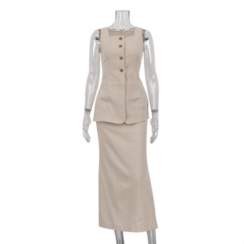 Spring Summer Slim Solid Color Cotton 2 Piece Sets Women 2025 Elegant Sleeveless Single Breasted Tank Top with High Waist Long Skirts Set
