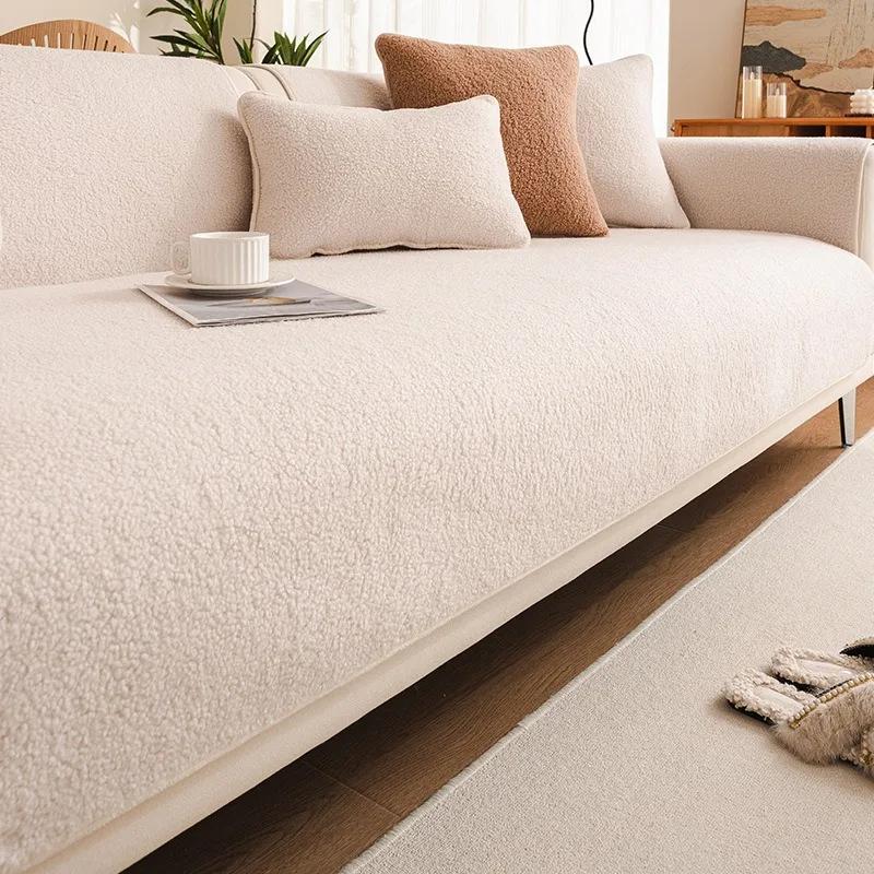 New Sofa Cushion Winter Lamb Wool Plush Thick Anti Slip Sofa Cover Universal Cloth Towel Cushion Backrest Machine Washable
