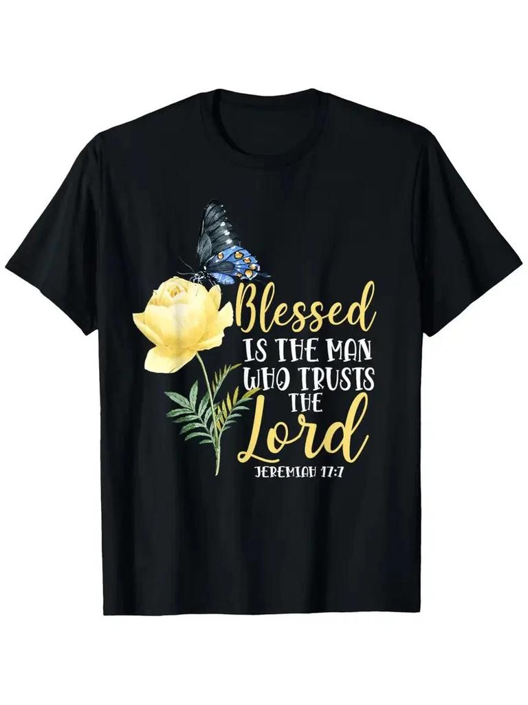 Christian Bible Verse T-Shirt - Jeremiah 17:7 Scripture with Butterfly & Rose De